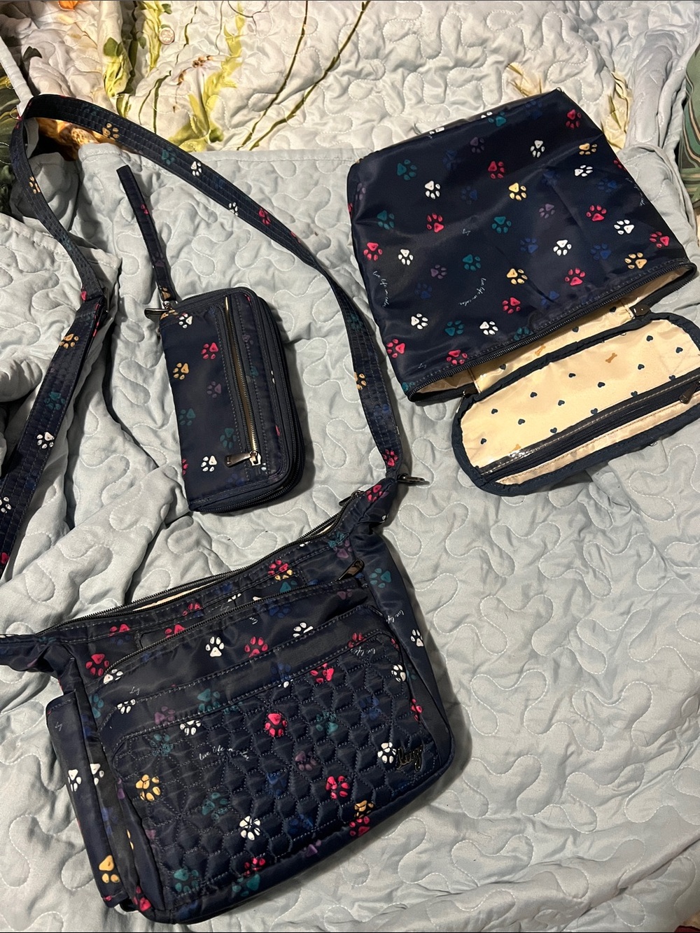 LUG Navy Quilted Crossbody 3Piece Set with Multicolor Paw Prints RARE FIND !
